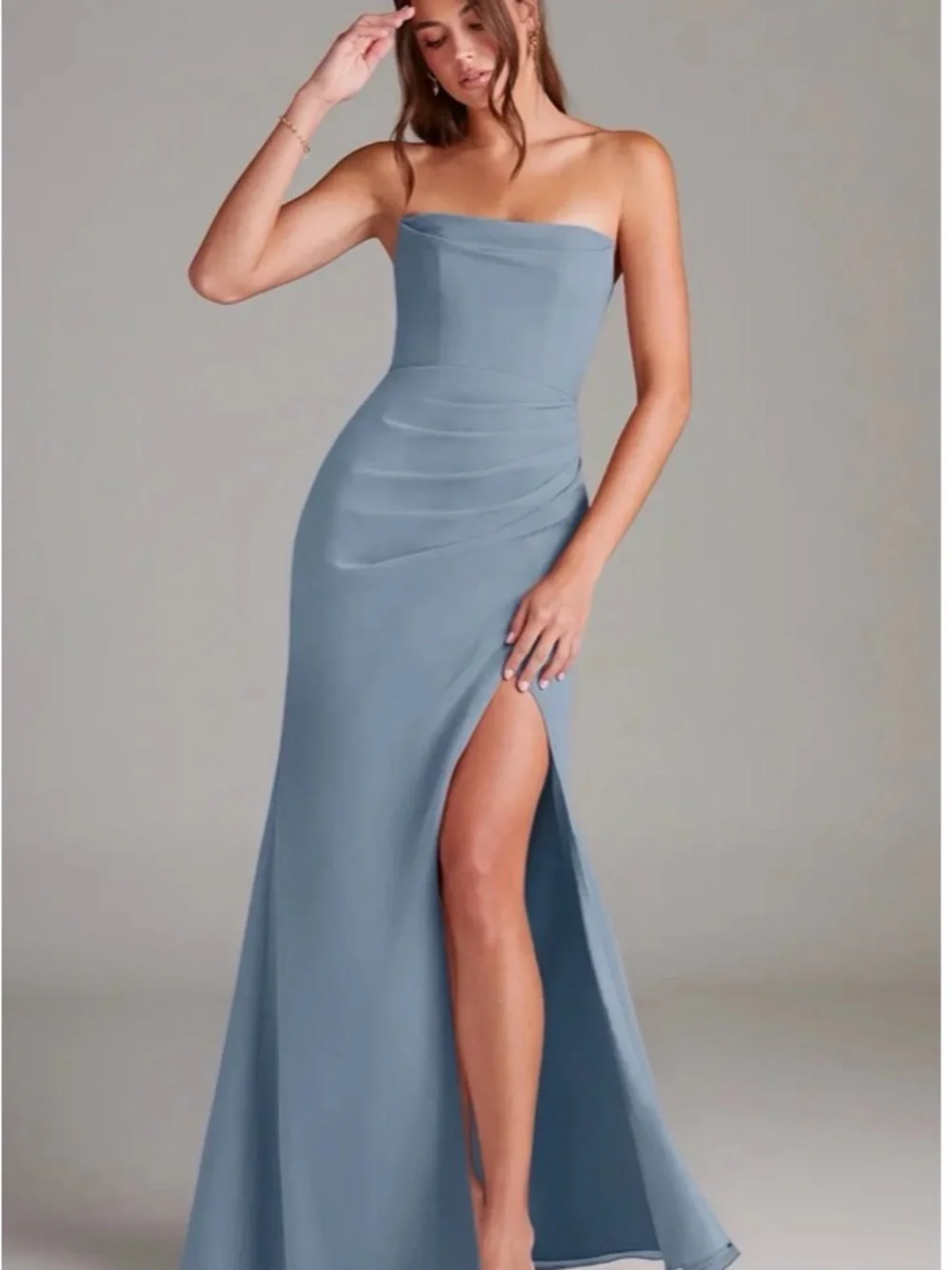 Azazie Strapless Dusty Blue Evening Gown with High Slit
